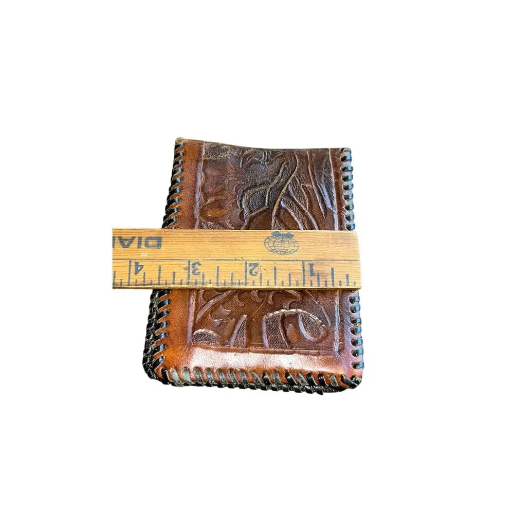 Vintage Leather Bifold Wallet Western Flowers Cowhide Lining Made In Mexico